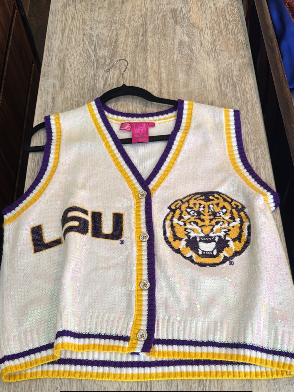 QUEEN OF SPARKLES White Sequin LSU Tiger Vest with Purple & Gold Trim
